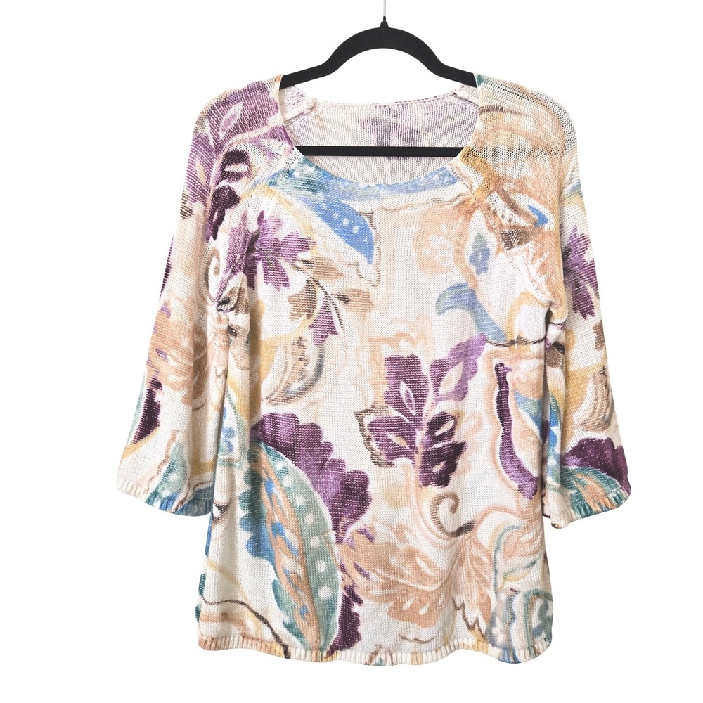 Chico's 1 Womens M Sweater Multicolor Floral Knit 3/4 Sleeve Pullover
